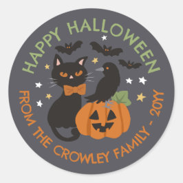 グレーキャットパンプキンレイヴンハッピーハローウィン ラウンドシール