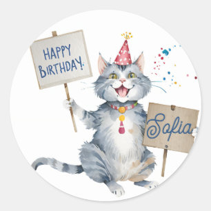 グレーキャット誕生日サインカスタマイズ-誕生日 ラウンドシール