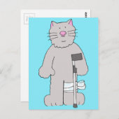 グレーキャット・オン・松葉杖ひざ手術回復 ポストカード (正面/裏面)