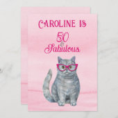 グレーキャット、明るいピンク、50と素晴らしい、おもしろい誕生日 招待状 (正面/裏面)