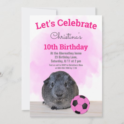 グレーギニア豚ガーリーピンクサッカーボールカスタム 招待状 (正面)