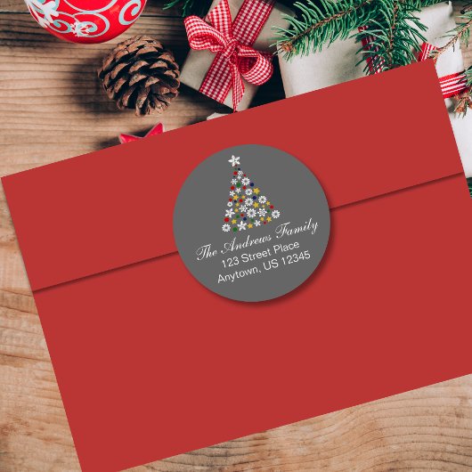 グレークカラフルリスマスツリーラウンド住所 シール
