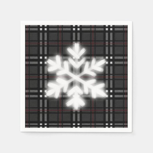 グレークラシックとブラックの格子模様のスノーフレーク スタンダードカクテルナプキン (正面)