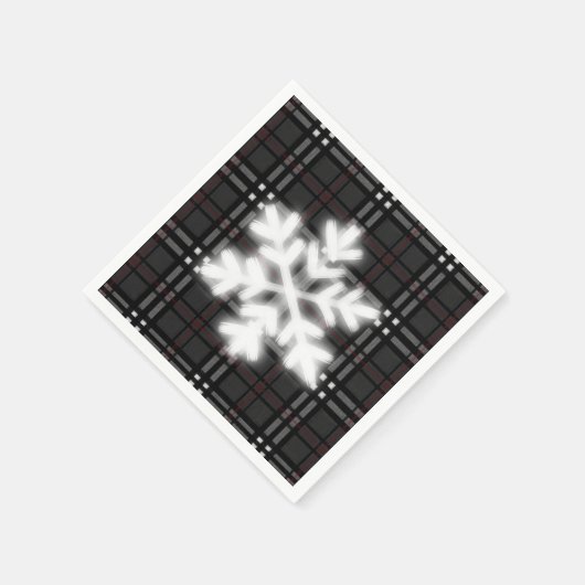 グレークラシックとブラックの格子模様のスノーフレーク スタンダードカクテルナプキン (角)