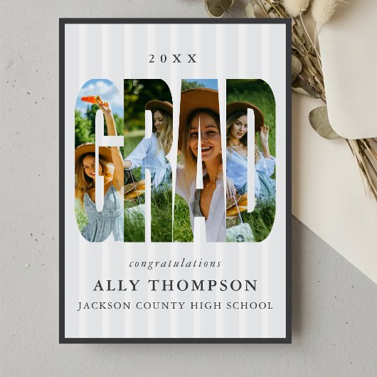 グレークラシックストライプ フォト 卒業発表 招待状