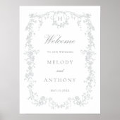 グレークラシックフランスのフローラ結婚の歓迎サイン ポスター (正面)