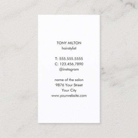 グレークールエレガントクの黒いハサミのヘアスタイリスト 名刺 (裏面)