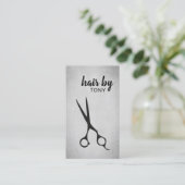 グレークールエレガントクの黒いハサミのヘアスタイリスト 名刺 (スタンド正面)