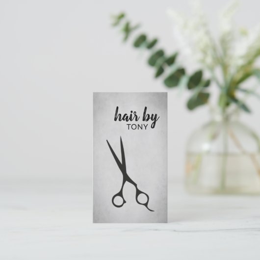 グレークールエレガントクの黒いハサミのヘアスタイリスト 名刺 (スタンド正面)