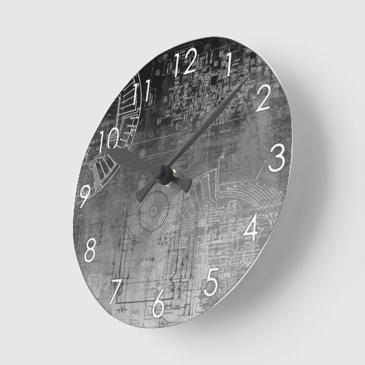 グレーグラデーションからブラックの回路基板おたくギーク ラウンド壁時計 (傾斜)