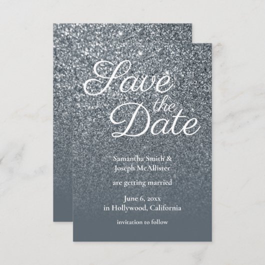 グレーグラデーショングリッター写真の保存日付 招待状 (正面/裏面)
