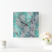 グレーグラファイト水中競技ティール（緑がかった色）フローラ蝶 スクエア壁時計 (ホーム)