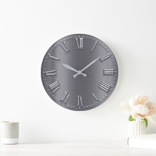 グレーグラファイト金属銀グレーローマ数字 ラージ壁時計 (ホーム)