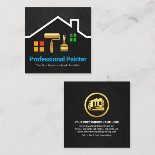 グレーグランジ金ゴールドブラシ屋上建物 スクエア名刺 (正面/裏面)