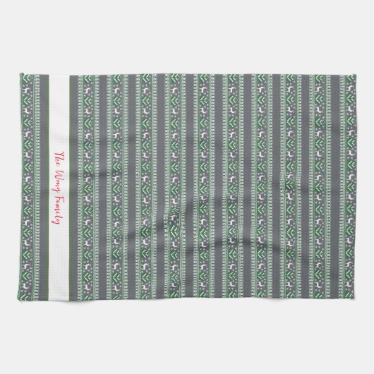 グレーグリーンとホワイトフェア島クリスマス キッチンタオル (横)