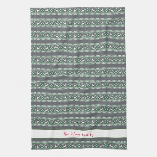 グレーグリーンとホワイトフェア島クリスマス キッチンタオル (縦)