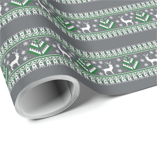 グレーグリーンとホワイトフェア島クリスマス ラッピングペーパー (ロールコーナー)
