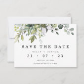 グレーグリーンの葉の結婚式 Save The Date カード (正面)