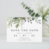 グレーグリーンの葉の結婚式 Save The Date カード (スタンド正面)