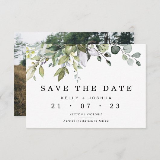 グレーグリーンの葉の結婚式 Save The Date カード (正面/裏面)