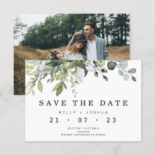 グレーグリーンの葉の結婚式 Save The Date カード