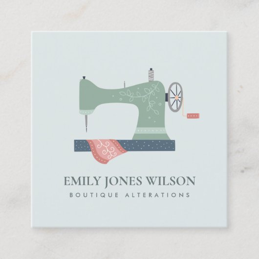 グレーグリーンアクアオレンジピンク裁縫機テーラー スクエア名刺 (正面)