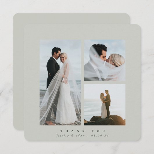 グレーグリーンエレガントスクエア3枚フォトズ結婚フラット サンキューカード (正面/裏面)