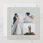 グレーグリーンエレガントスクエア3枚フォトズ結婚フラット サンキューカード (正面)