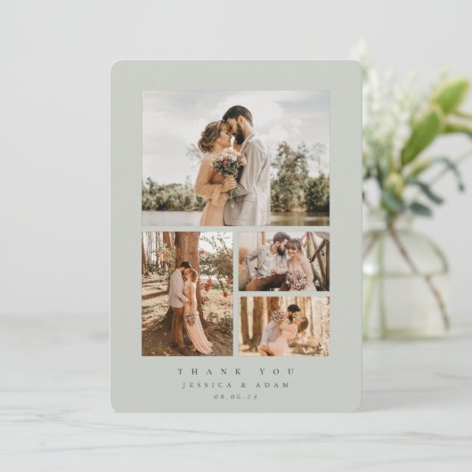 グレーグリーンエレガント4写ミニマル真のフラ結婚ット サンキューカード (スタンド正面)