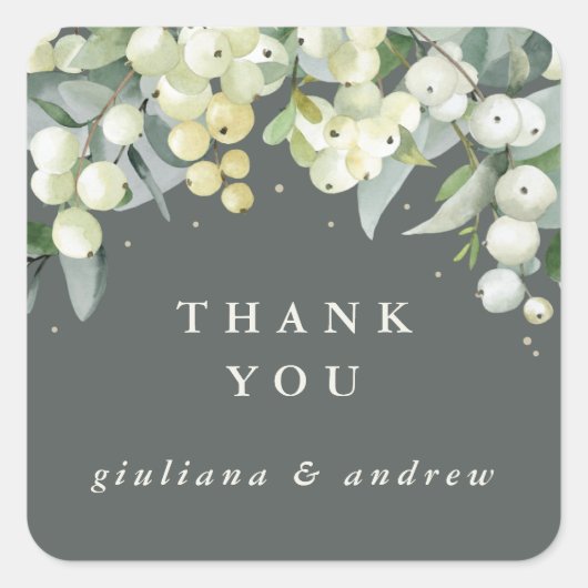 グレーグリーンスノーベリー+ユーカリ結婚トスありがとう スクエアシール (正面)