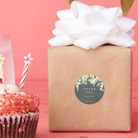 グレーグリーンスノーベリー+ユーカリ結婚トスありがとう ラウンドシール (パーティー)