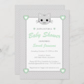 グレーグリーンニュートラルかわいいかわいいネコ赤ちゃんシャワー 招待状 (正面/裏面)