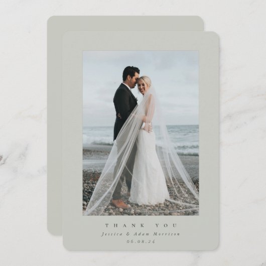 グレーグリーンミニマル超独身の写結婚真 サンキューカード (正面/裏面)