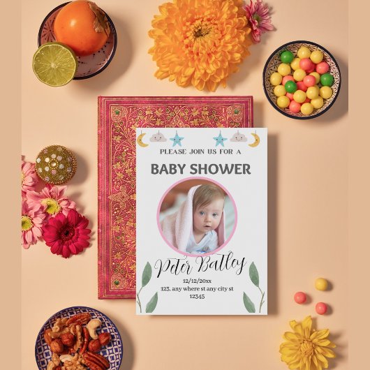 グレーグリーンモダンベビーシャワー招待状カード 招待状