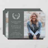 グレーグリーンモノグラムローレルリース卒業写真 案内状 (正面/裏面)