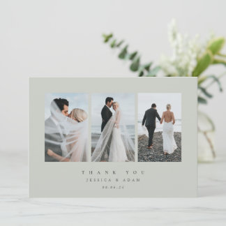 グレーグリーン超ミニマルトリプル結婚フォト サンキューカード