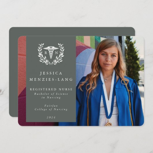 グレーグリーン+ホワイトローレルリース登録ナース 案内状 (正面/裏面)