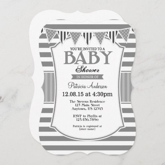 グレーグレイストライプズ赤ちゃんシャワー招待状 招待状 (正面/裏面)