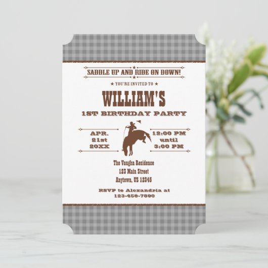 グレーグレーグレイプレイドカウボーイロデオ誕生日招待状 招待状 (スタンド正面)