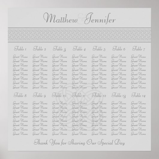 グレーケルト結び目模様ウェディングレセプションシーティングチャート ポスター (正面)