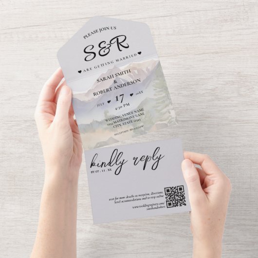 グレーコロラドマウンテンデスティネーションウェディング オールインワン招待状 (貼ってはがせる)