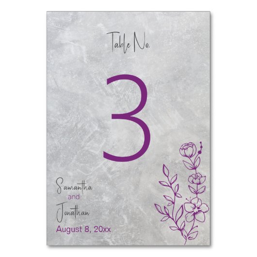 グレーコンクリートとパープル結婚のテーブル番号カード テーブルナンバー (正面)