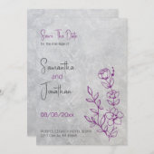 グレーコンクリートと紫色の結婚式の日付を保存 招待状 (正面/裏面)