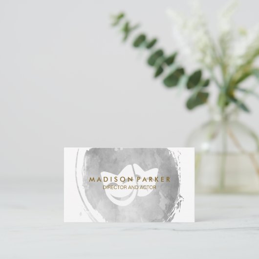 グレーコンテンポラリーウォーター色ブラシ付き演技マスク 名刺 (スタンド正面)