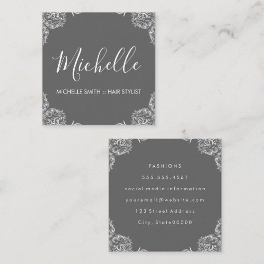 グレーコーナーファンシースクリプト文字 スクエア名刺 (正面/裏面)