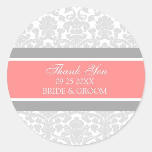 グレーコーラルダマスクサンキューユー結婚式の引き出物ラベル ラウンドシール (正面)