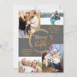 グレーゴールドのクリスマスフォトコラージュ「Merry & Bright」 シーズンカード