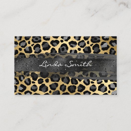 グレーゴールド箔ヒョウのブラシストローク 名刺 (正面)