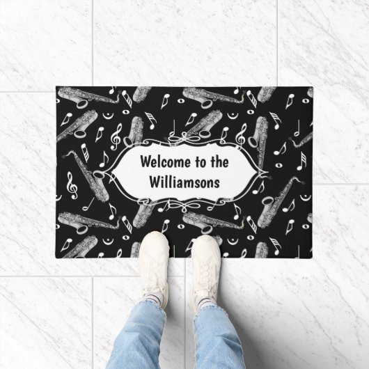 グレーサクソフォン音楽ノートパターン ドアマット (室内)