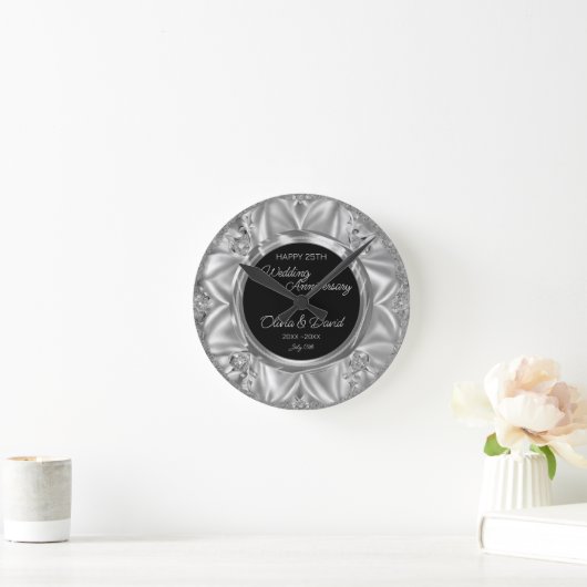 グレーサテン&シルバーダイヤ結婚ズの記念日 ラウンド壁時計 (ホーム)